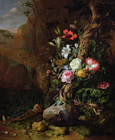 Tree Trunk Surrounded by Flowers, Butterflies and Animals, 1685 by Rachel Ruysch